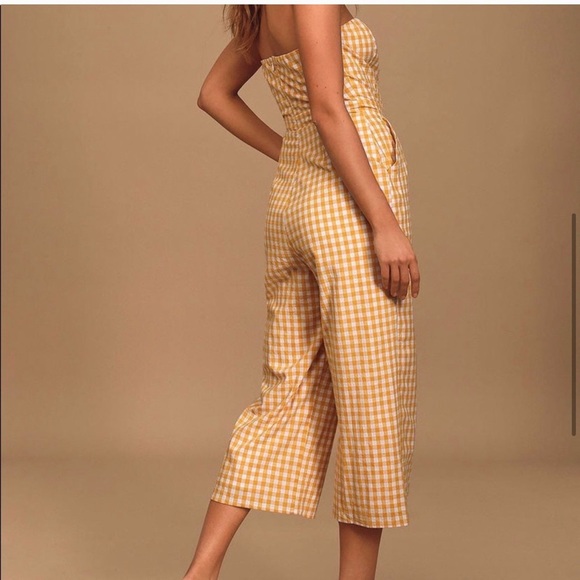 Lulus Skyline Mustard Yellow Gingham Strapless Culotte Jumpsuit - Picture 3 of 10